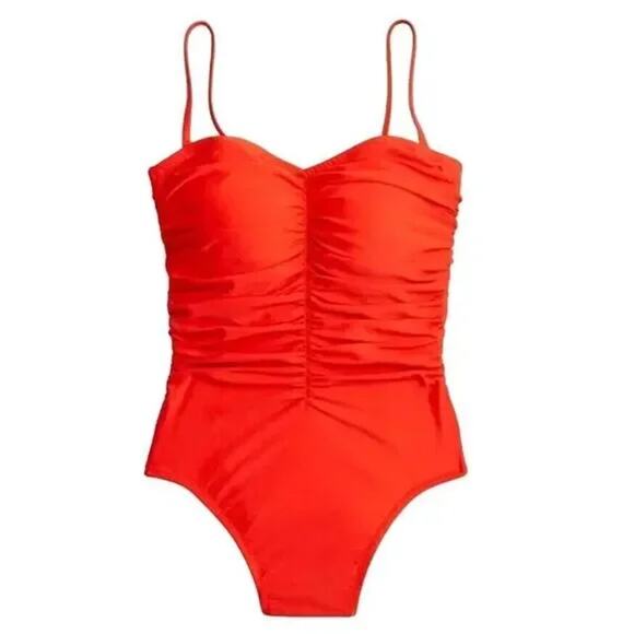 New J. Crew Red Ruched Sweetheart One-Piece Swim Bathing Suit Women's Size 24 - Picture 1 of 8